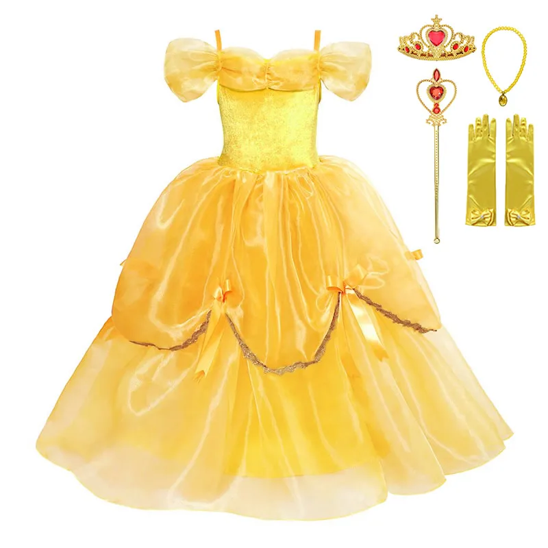 Güzellik ve Beast Prenses Belle Elbise Kız İçin Muhteşem Sarı Rop Resmi Parti Çocuklar Yaz Parti Kıyafetleri Balo