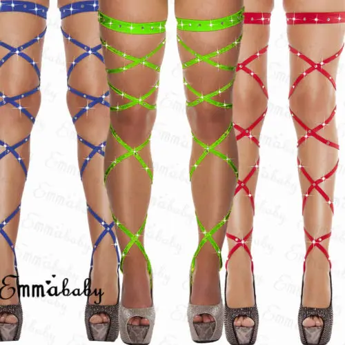 Seksi Kadın Iç Çamaşırı Uyluk Yüksek Kristal Bacak Wrap Askı Sıkı Dans Clubwear Sıcak Sondaj Çapraz Strappy Çorap