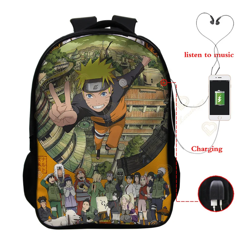 Uzumaki Naruto Baskı Gençler için Okul Sırt Çantaları Erkek Kadın Schoolbag USB Cale Kulaklık Bookbag Gençler Sırt Çantası Seyahat Çantası