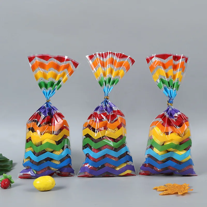 50 adet Gökkuşağı Çizgili Şeker Torbaları OPP Selofan Torbalar Doğum Günü Tatil Parti Favor hediye paketi Aperatif Yiyecek Çantası