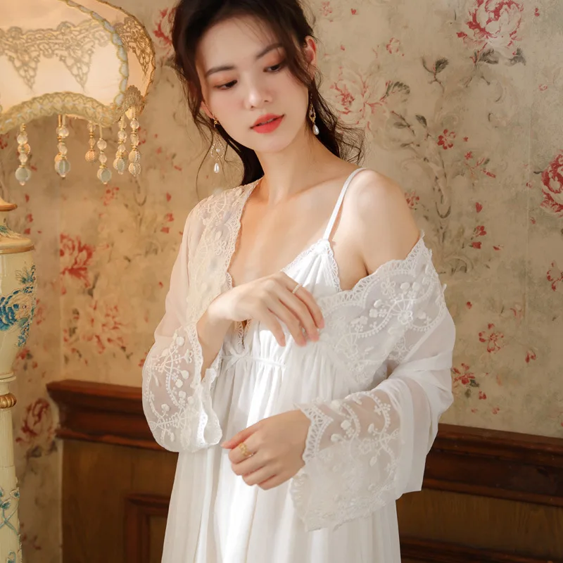Yeni Vintage Uzun Bornoz Setleri Kadın Sütyen Sling Gecelik Pijama Seksi Dantel Nakış Örgü Kimono Gelin Düğün Bornoz Elbisesi