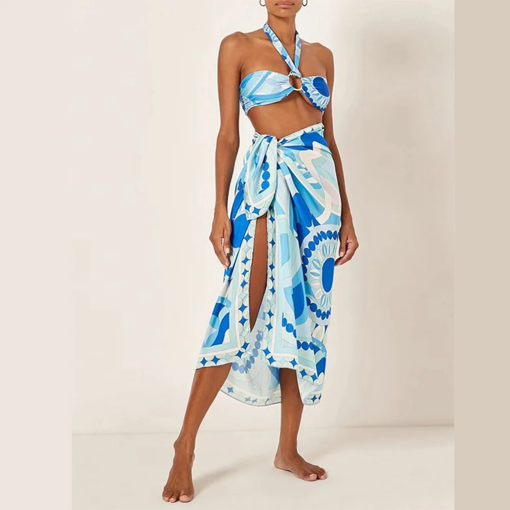 Mikro Bikini 2022 Kadın Boyundan Bağlı Bluz Baskı Mayo 2 Parça Cover Up Tatil Plaj Elbise Lacing Up Yaz Beachwear Backless