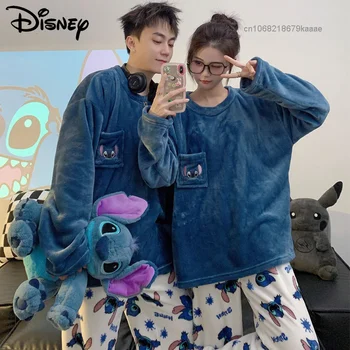 Disney Karikatür Dikiş Yeni Peluş Ev Giysileri Çift Tasarım Üstleri Pantolon 2 Parça Set Kadın Erkek Pijama Takım Elbise Y2k Kabarık Pijama