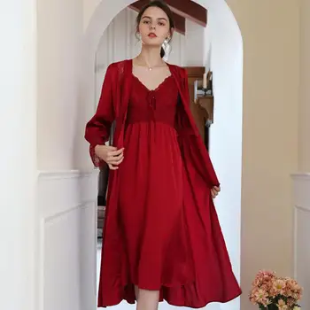 Iki Adet Askı Gecelik ve Bornoz Seti Kadın Seksi Pijama Dantel Patchwork Kimono Bornoz Elbisesi Düğme aşağı Salonu Aşınma