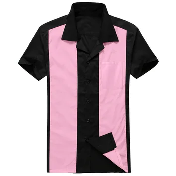 Artı Boyutu erkek 50s Erkek Giyim Kısa Kollu Pembe / Siyah Patchwork Rockabilly Tarzı Rahat pamuklu bluz Erkek Bowling Gömlek