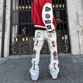 Erkek Kafatası Kot erkek pantolonları Hip Hop Vintage Alevlendi İşlemeli Kadın Y2k Trendyol Pantolon İskelet Streetwear İnce Jean
