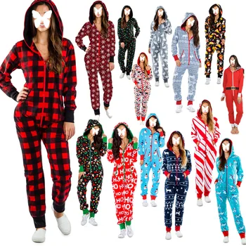 Noel Tulum Pijama Kadın Kış Baskı Sıcak Uzun Kollu Pijama Noel Sevimli Fermuar Up Kapşonlu Gecelik Ev Giyim Takım Elbise