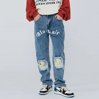 Streetwear Sıkıntılı Kot Pantolon Erkekler Harajuku Gülen Mektup Baskı Yırtık Kot Erkek 2022 Hip Hop pamuk koşucu pantolonu Pantolon Mavi