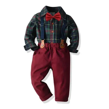 Noel papyon Takım Elbise Seti Çocuk Erkek Giysileri Beyefendi Gömlek + Pantolon Erkek Ekose Elbise Bebek Çocuk Takım Elbise Yeni Yıl