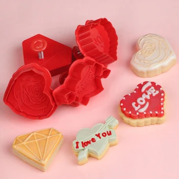 4 Adet/takım sevgililer Günü Gül Aşk kurabiye damgası Kesici Kalıp Bisküvi Kek Dekorasyon Pişirme Araçları