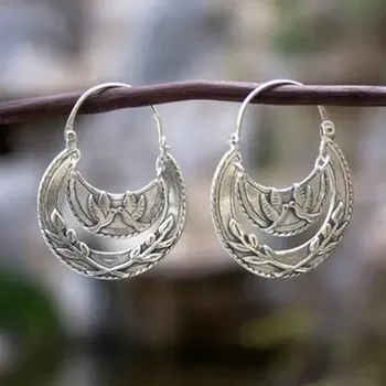 FONECT Basit İçi Boş Yarım Daire Küpe kadın Antika Gümüş Metal Kazınmış Yaprak Çelenk Küpe Buğday Kulakları Güvercinler