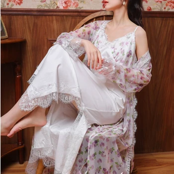 Çiçek Örgü gece elbisesi Bornoz Setleri Kadın İki Adet Seksi Uzun Sabahlık Romantik Gecelik Bornoz Kıyafeti Prenses Pijama