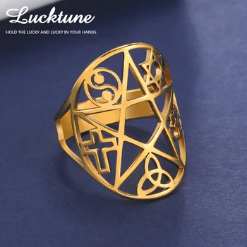 Lucktune Büyücülük Pentagram Ayarlanabilir Yüzük Paslanmaz Çelik Triquetra OM Yıldız Tai Chi Sembol Yüzük Kadın Erkek Takı Hediye için
