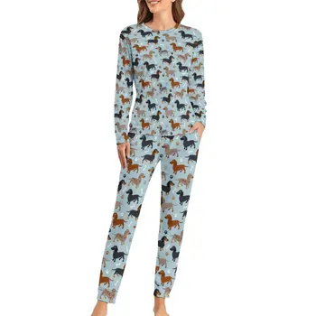 Köpek Baskı Pijama Kadın Dachshund Pençeleri ve Kemikleri Yumuşak Ev Takım Elbise 2 Adet Gece Boy Pijama Setleri