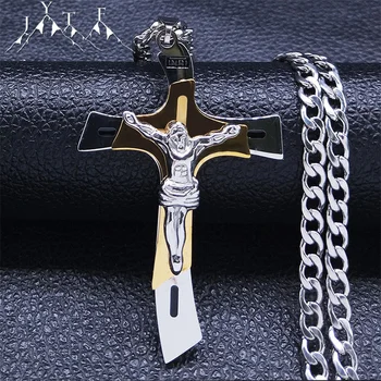 Hip Hop Katoliklik Çapraz İsa Kolye Paslanmaz Çelik Altın Gümüş Renk Haç Kolye Uzun Kpop Punk Takı Hediye N2009S