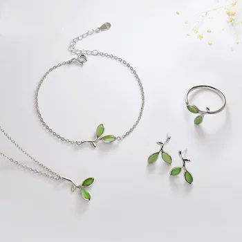 Kore Moda Gümüş Renk Zarif Yeşil Yaprak Kolye Küpe Bilezik Yüzük kadın mücevheratı Seti Pendientes eh265