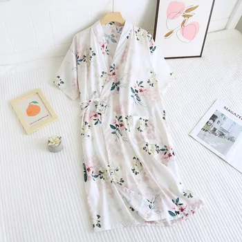Yaz Yeni Kimono Pijama Eğlence Basit Ev Giysileri Kısa Kollu Saten Şifon Elbiseler Çiçek bornoz Uzun Elbiseler Kadınlar için