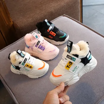 Çocuk Sneakers Kış Peluş Sıcak kar ayakkabıları Moda Yürümeye Başlayan Spor koşu ayakkabıları Çocuk Erkek Kız Açık Pamuk dolgulu ayakkabılar