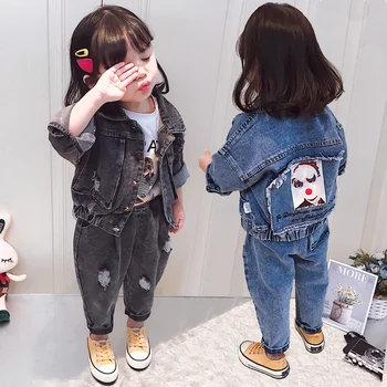 Toddler Bebek Giysileri Set Bahar Sonbahar Ripped Denim Ceket + Kot 2 Adet Takım Elbise Erkek Kız Moda Kıyafetler