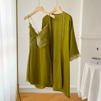 Düz Renk Seksi Kadın Gecelik Bornoz Gecelik Uyku Elbise Ev Giysileri Buz İpek Uyku Seti Dantel 2 Adet Göğüs Pedi ile Salonu
