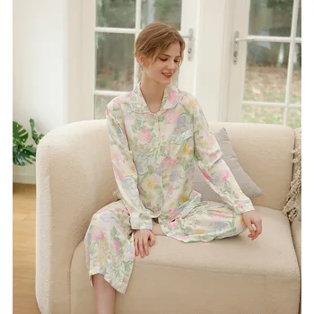 Sonbahar 2022 Saten Vanilya Nane Uzun Kollu Baskılı Pijama İki parçalı Set Çiçek Viskon Pijama Kadın Pijama Mujer 2 parça