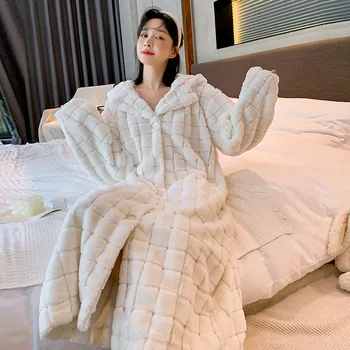 2 Katmanlı Kalınlaşma Bornoz Kadın Kış Mercan Kadife Kapşonlu Kimono Pijama Gecelik Sıcak sabahlık Bornoz Yumuşak Ev Giyim