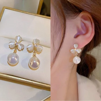 2022 Yeni Opal Petal İnci Kolye Küpe Kore Moda Taze Kız Zarif doğum günü hediyesi Takı Saplama Küpe 4