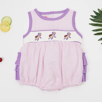 Butik Bebek Romper Bebek Kız Giysileri Önlük El Yapımı Kaplumbağa Nakış Dantel Bodysuit Mor Şerit Tulum 0-3T kızlar İçin