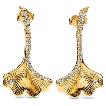 Orijinal 925 Ayar Gümüş Altın Parlaklık Gingko Yaprak Yürüyüş Kalp Saplama Kristal düğme küpe Kadınlar Hediye İçin Popüler DIY Takı 2