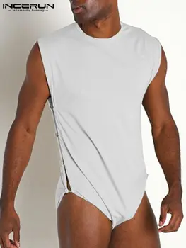 INCERUN Erkek Bodysuits Pijama O-Boyun Kolsuz Nefes Gecelik Bodysuit Düğme Düz Renk 2022 Casual Erkek Tulum S-5XL