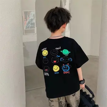 Çocuk T-shirt yaz giysileri Yeni Erkek Kore Versiyonu Baskılı Komik Gülen Kısa kollu Rahat Gevşek Moda çocuk Üst