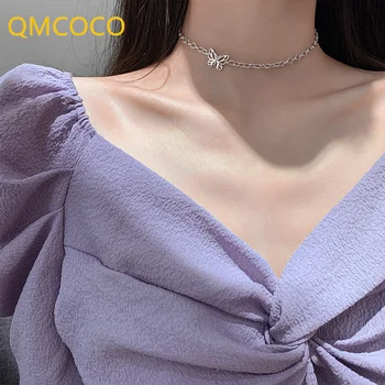 QMCOCO Gümüş Renk Yeni Stil Tasarım Basit Hollow Out Kelebek Kolye Klavikula Kolye Kadınlar İçin Moda Doğum Günü Partisi Hediyeleri