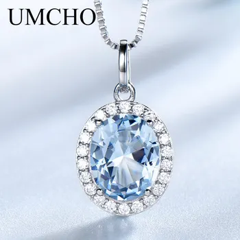 UMCHO Sky Blue Topaz Taş Kolye Kolye Kadınlar ıçin 925 Ayar Gümüş Oval Romantik Düğün Hediyesi sevgililer Takı