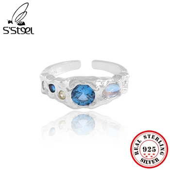 S'STEEL 925 Ayar Gümüş Yüzük Kadınlar İçin Mavi Zirkon Aytaşı Ayarlanabilir Yüzük Hediye Kız Arkadaşı Lüks Tasarımcı Güzel Takı