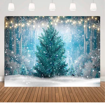 Kış Kar Tanesi Fotoğraf Backdrop Fotoğraf Stüdyosu için Mavi Noel Portre Arka Plan Photocall Bokeh Glitter Çam Ormanı