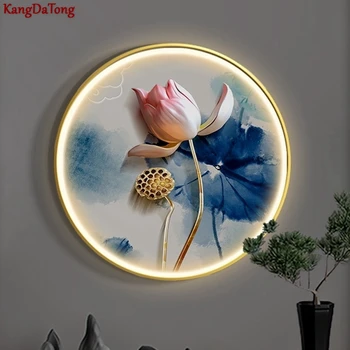 Yeni Çin Tarzı Giriş Sundurma led duvar Lambası Yuvarlak Oturma Odası Yatak Odası Koridor Lotus Boyama Zen Çay Odası Duvar Asılı Lamba