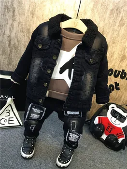 Yeni Çocuk Çocuk Boys Giyim Setleri Sonbahar Kış Bebek Erkek Kürk Yaka Denim Ceket + Kazak + Kot 3 Adet Boys Giyim Seti