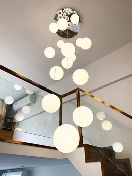 Dubleks spiral merdiven uzun avize Beyaz cam küre kabarcık loft oturma odası yemek odası mutfak tavan asılı E27 lambaları