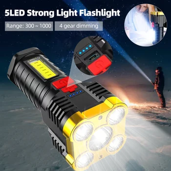 Süper parlak 5 LED el feneri COB yan ışık ile 4 ışık modu USB şarj Toch spot pil göstergesi