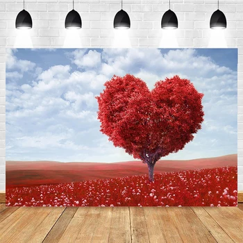 Sevgililer Günü Fotoğraf Arka Plan Kalp Şeklinde Büyük Ağaç Kırmızı Otlak Dekorasyon Sahne Düğün Gelin Duş fotoğraf arka fonu