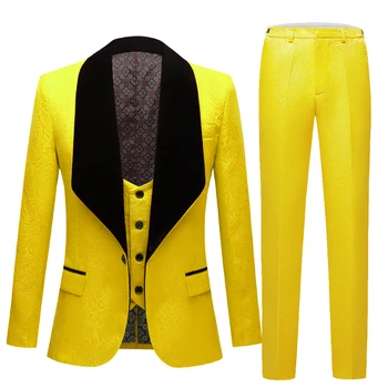 Yeni Klasik erkek Takım Elbise Slim Fit Masculino Akşam Takım Elbise Erkekler için Şal Yaka Damat Smokin Sarı Mor düğün kıyafeti 3 ADET