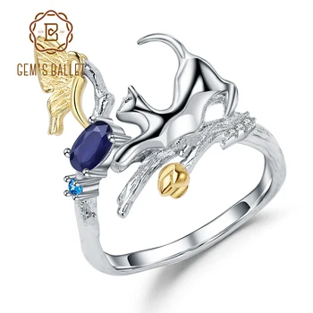 GEM'S BALE 0.30 Ct Doğal Mavi Safir Kedi ve Cupid Yüzük 925 Ayar Gümüş El Yapımı Ayarlanabilir Açık Halka Kadınlar için Bijoux