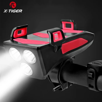 X-TIGER su geçirmez bisiklet ışık çok fonksiyonlu MTB bisiklet ön ışık ile telefon tutucu 4 in 1 bisiklet far el feneri