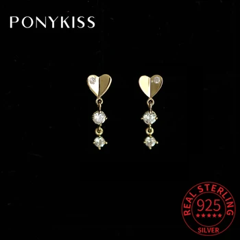 PONYKISS Güzel 925 Ayar Gümüş Minimalist Kat Kalp Su Damlası 14K altın düğme küpe Kadınlar için Kore Moda Güzel Takı