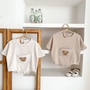 Yeni Yaz Erkek Bebek Tulum Yenidoğan Waffle Nervürlü Pamuk sevimli kore ayısı Cep Kısa Kollu Tulum Bodysuit Giyim Bebe