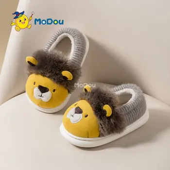 Mo Dou 2022 Yeni Çocuk pamuklu ayakkabılar Sıcak Kapalı kızların Rahat Hoom Sevimli Karikatür Aslan Terlik Erkek Banyo Kaymaz Taban