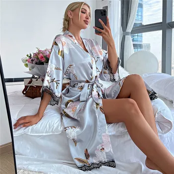 Kadın Yaz Sonbahar Uzun Bornoz Çiçek Baskı gece elbisesi Damla Omuz Kimono Kontrast Kirpik Dantel Kuşaklı Saten Uyku Elbise