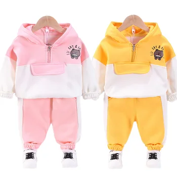 2022 Sonbahar Kız giyim setleri 1-5 Yıl Bebek Erkek Sıcak Kapşonlu Palto Pantolon Eşofman Çocuk Polar Kazak Giyim Seti