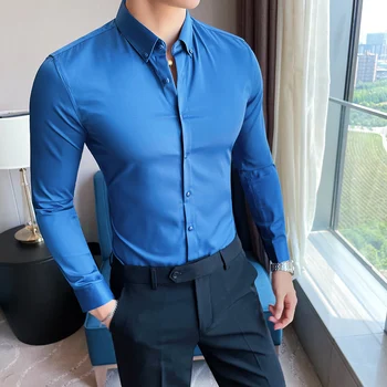 İngiliz Tarzı Düz Renk Uzun Kollu Gömlek erkek Basit İnce İş Rahat Gömlek erkek Elbise Sıcak Satış Artı Boyutu 5XL-M