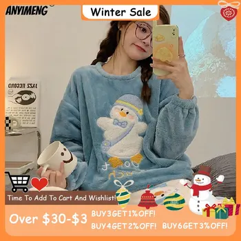 Kış Sevimli Ördek Pazen Pijama Seti Kadınlar için Kawaiii Desen Oyuncak Pijama Kız Moda Kazak Kadife kadın Pijama
